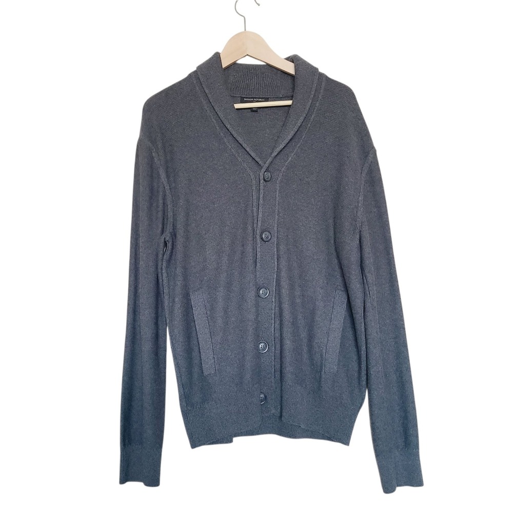 Banana Republic Cardigan Mens Medium‎ Gray Shawl Collar Cotton Sweater Grandpa